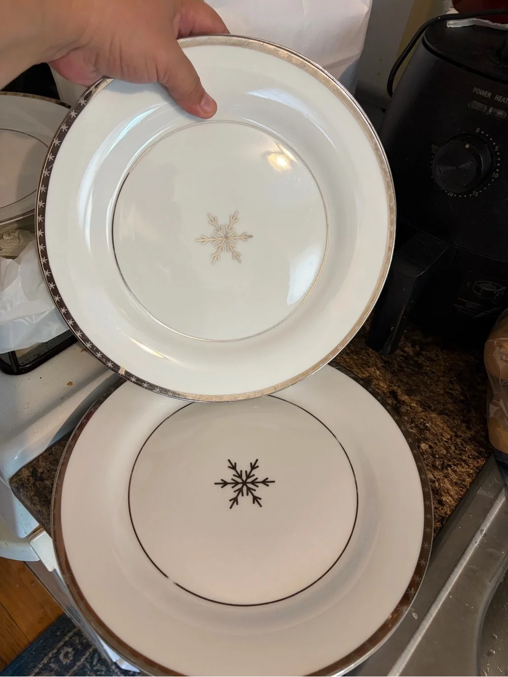 Holiday dinner Plates with Gold Snowflake Accent set of 3